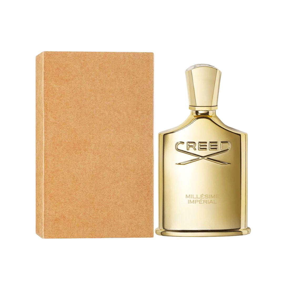 Creed Millesime Imperial EDP 100ml Tester Gold Creed perfume bottle with packaging on a white background