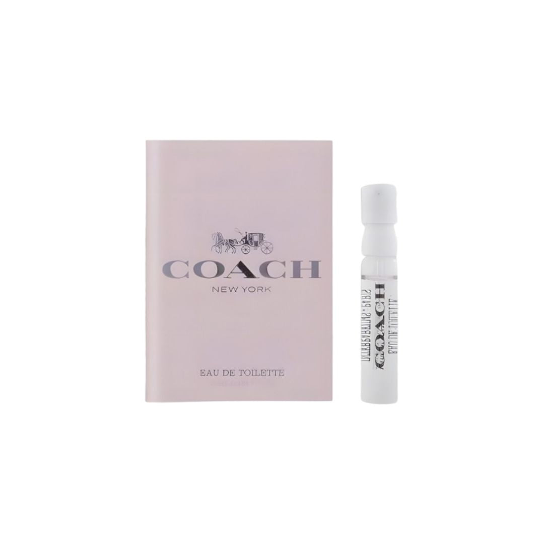 Coach For Women EDT 2ml sample vial on carding, a fresh floral-green fragrance with notes of pear and white rose.