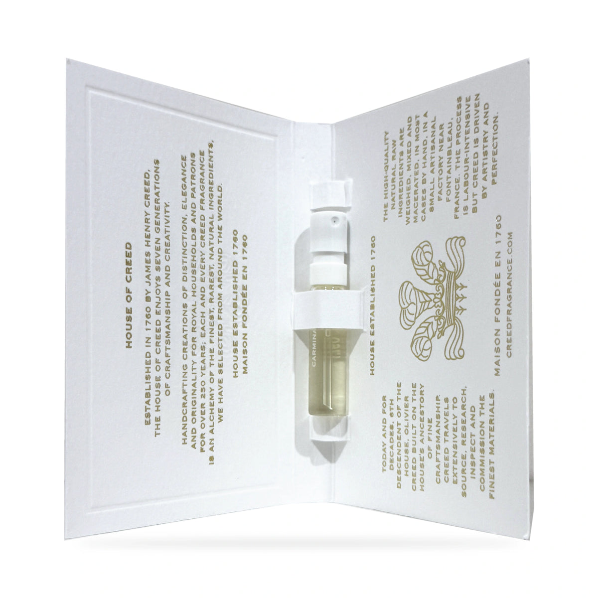 Creed Carmina sample spray vial inside its open branded card
