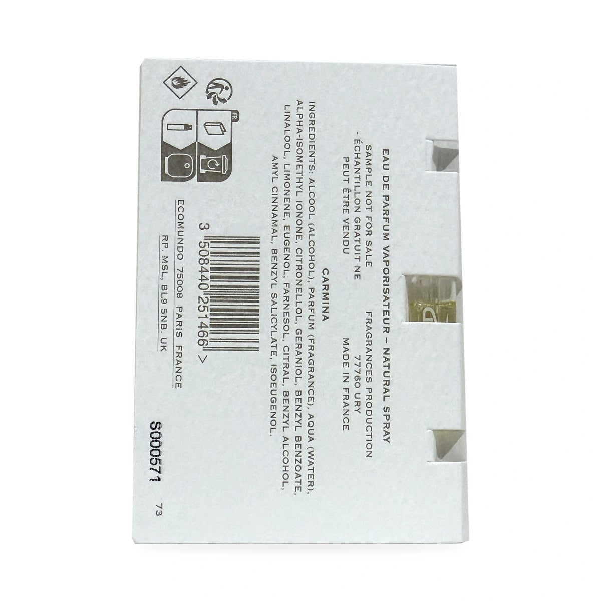Creed Carmina sample card reverse showing fragrance name and barcode 3508440251466
