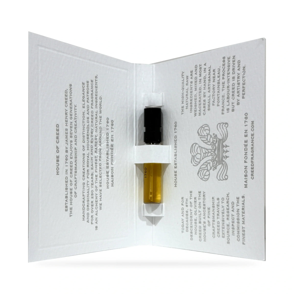 Creed Delphinus sample spray vial in its open branded card