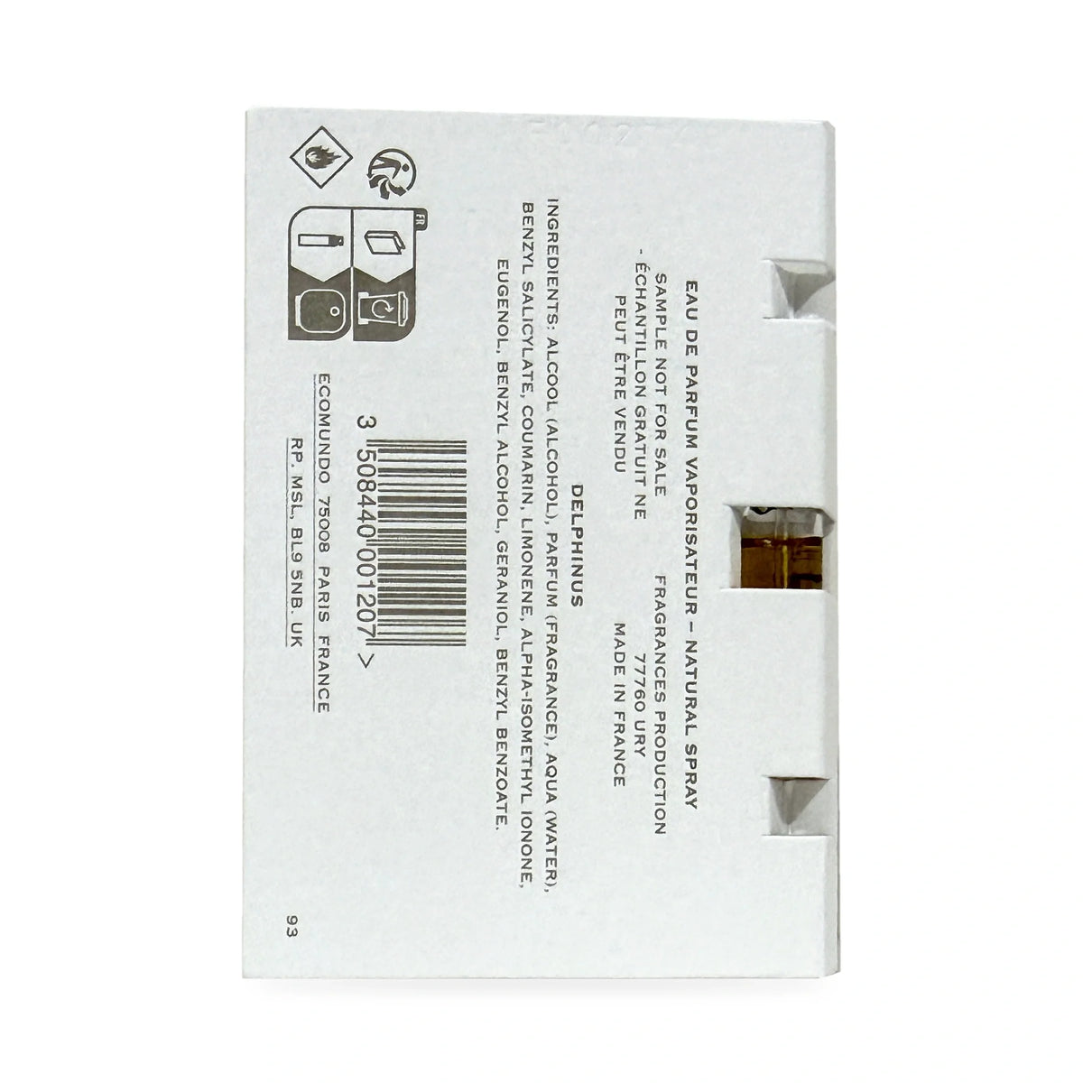 Creed Delphinus sample card reverse showing fragrance name and barcode