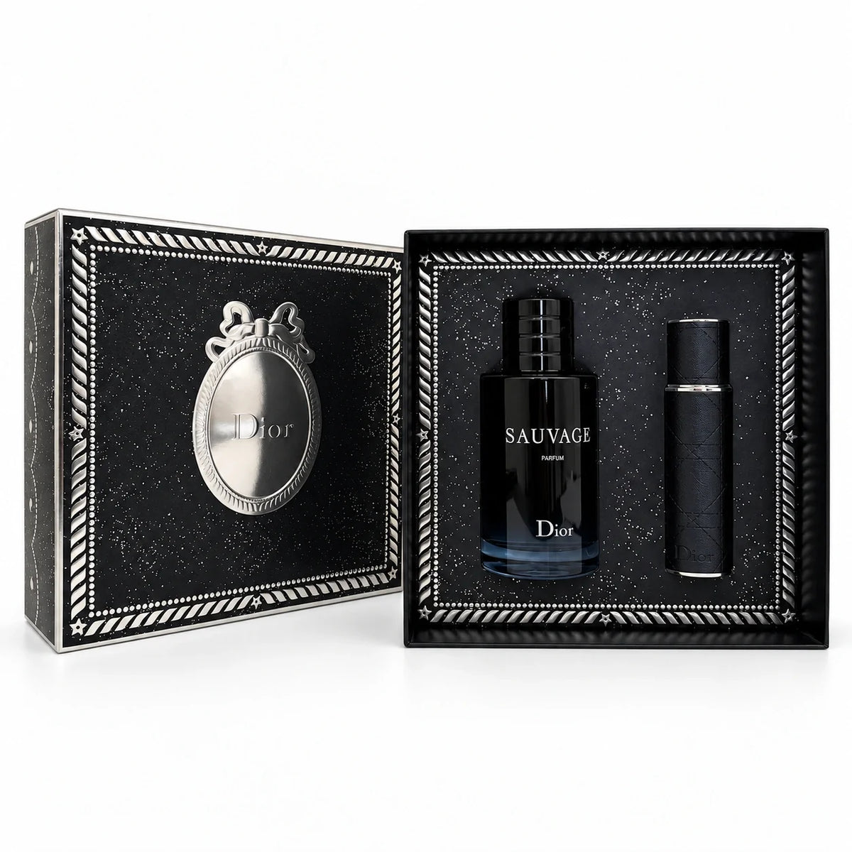 Dior Sauvage Parfum gift set open — 100ml bottle and 10ml travel spray