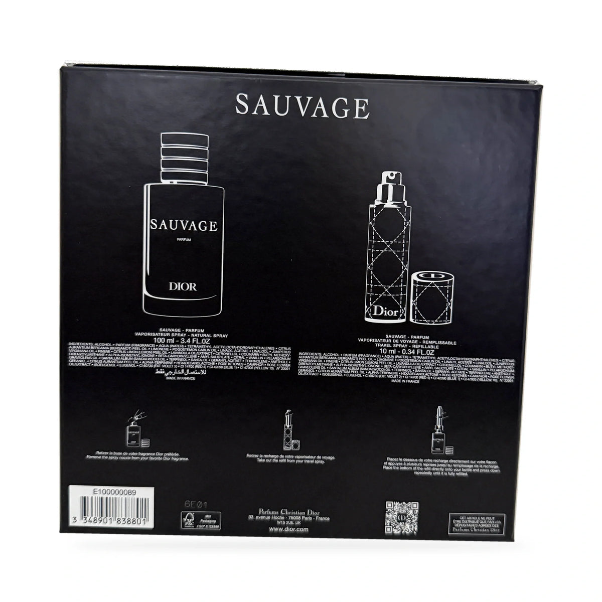 Dior Sauvage Parfum gift set back panel showing 100ml and 10ml contents
