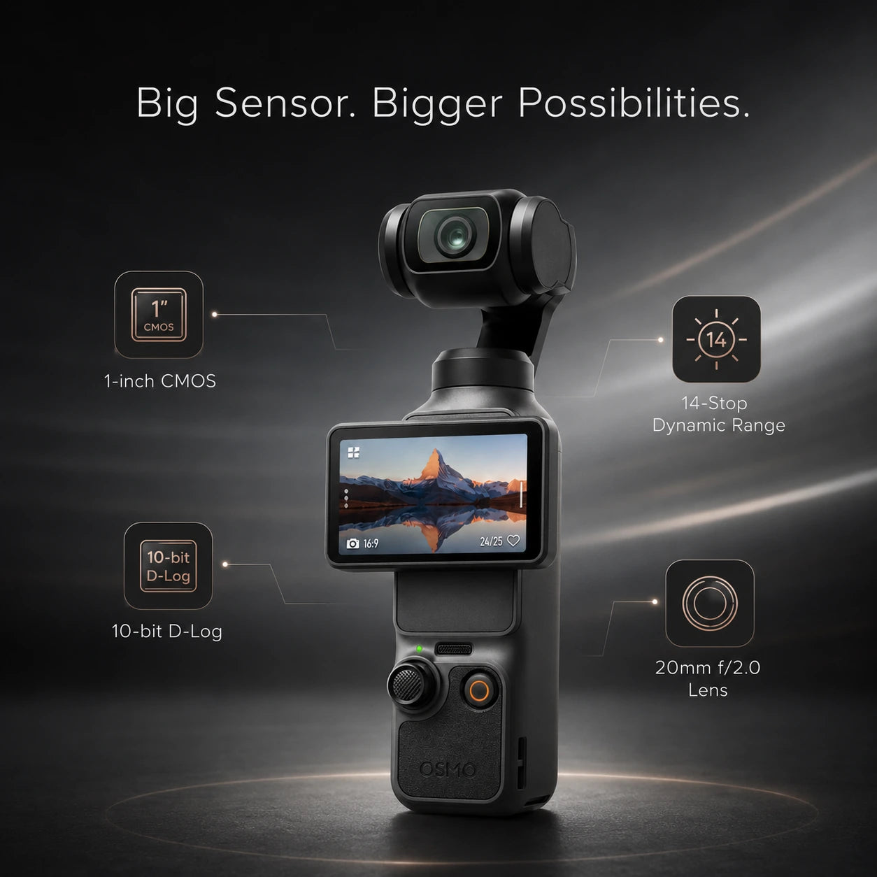 Camera with features highlighted on a dark background