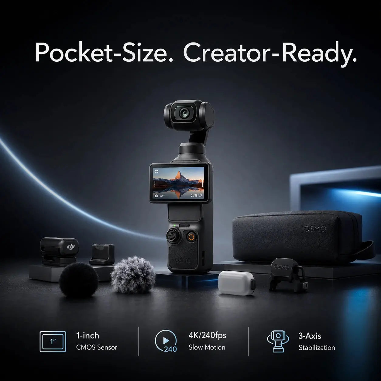 Handheld camera with accessories on a dark background, featuring text 'Pocket-Size. Creator-Ready.'