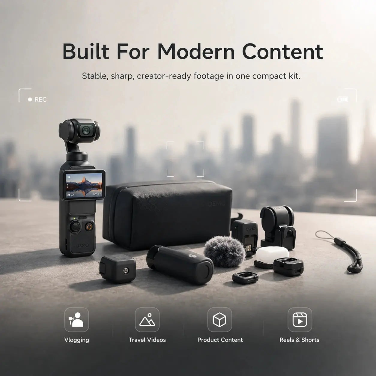 Camera and accessories on a surface with a cityscape background, featuring text about modern content creation.