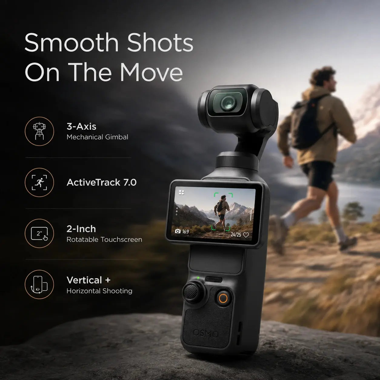 Action camera with gimbal technology on a mountain background