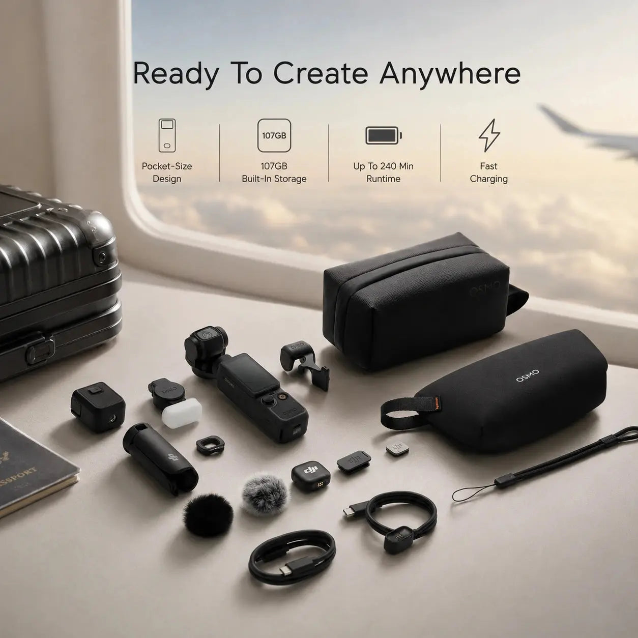 Collection of black electronic devices and accessories on a surface with 'Ready To Create Anywhere' text and feature icons.