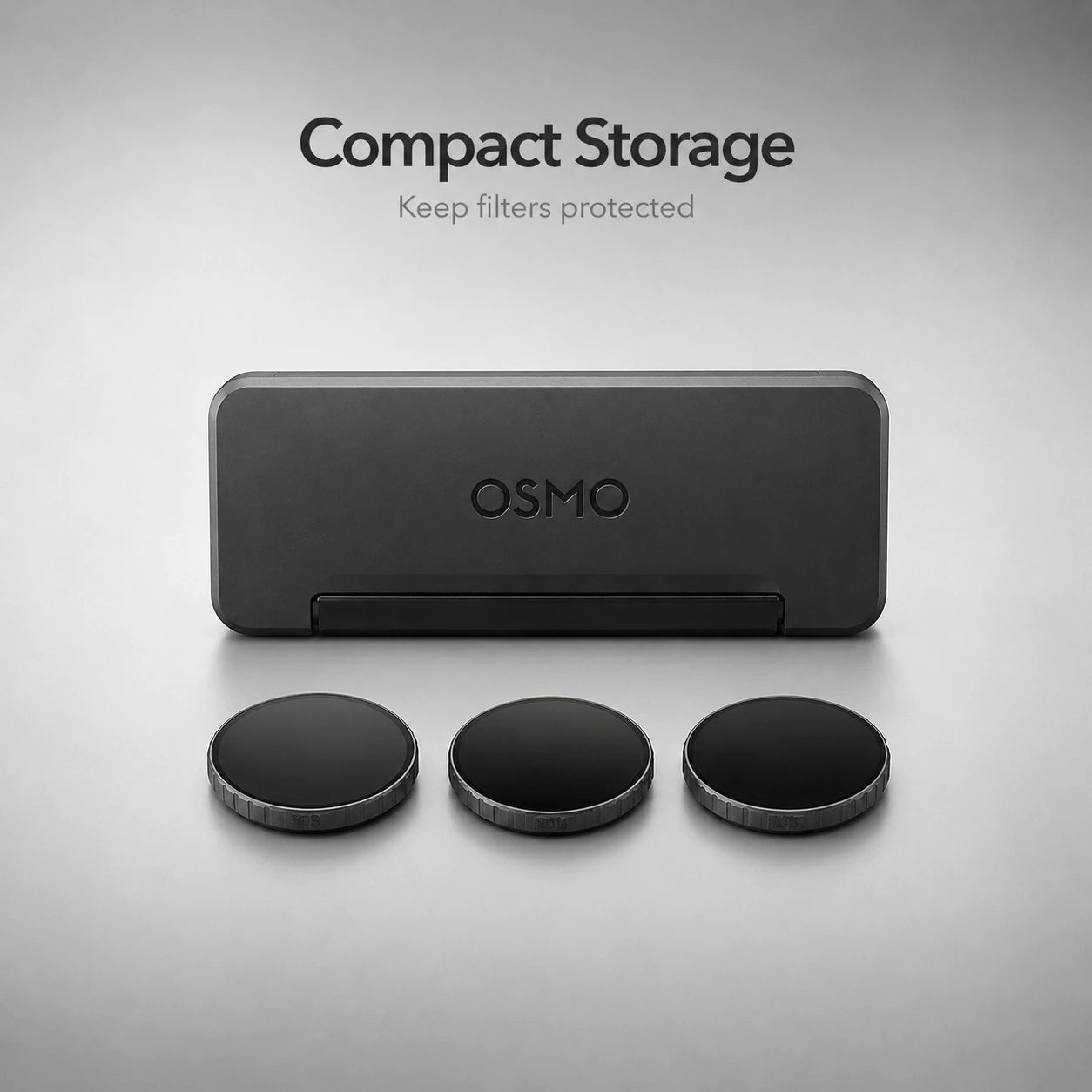 DJI Osmo Action 6 ND Filter Set with open storage case and three ND lens filters arranged neatly.
