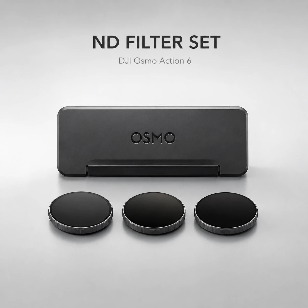 ND filter set for DJI Osmo Action 6 with a black carrying case on a light gray background