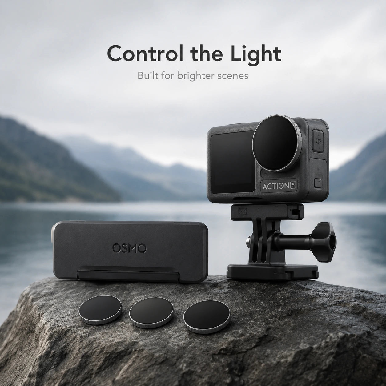 Action camera with accessories on a rock by a lake, with 'Control the Light' text.