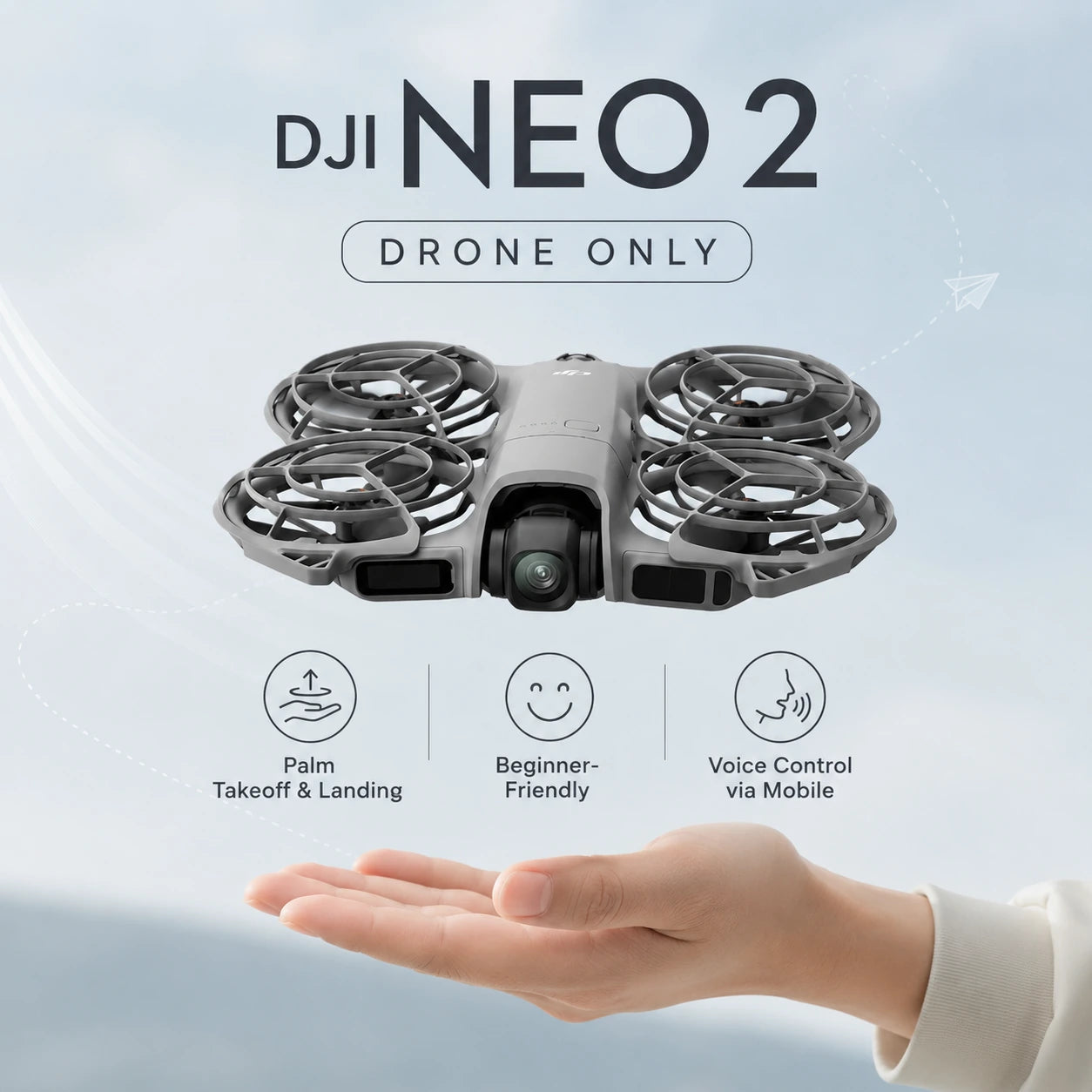 DJI NEO 2 drone on a light blue background with a hand holding it.