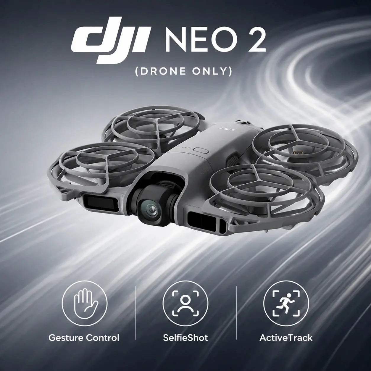 DJI Neo 2 drone with features on a gray background