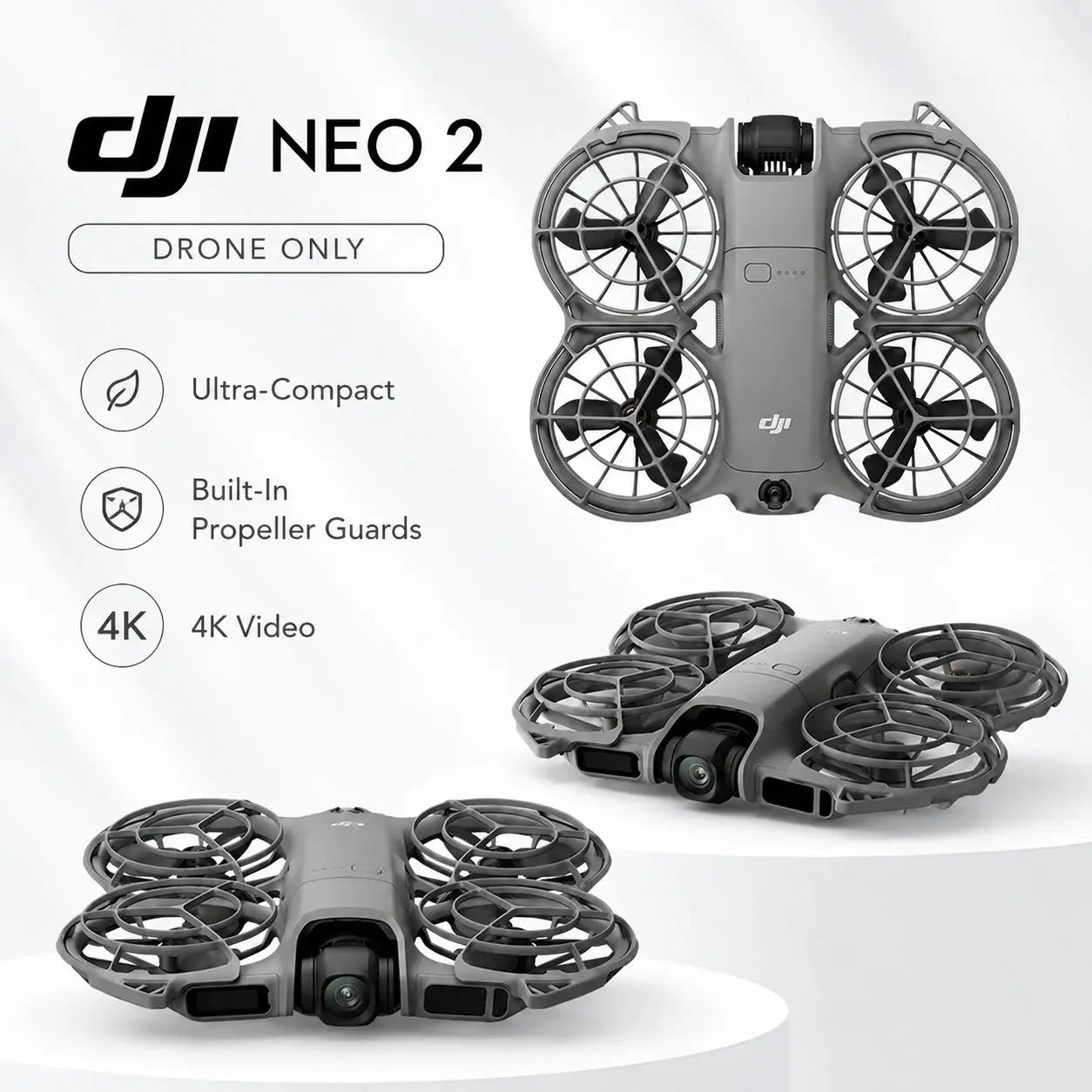 DJI Neo 2 drone on a white background with product features listed.