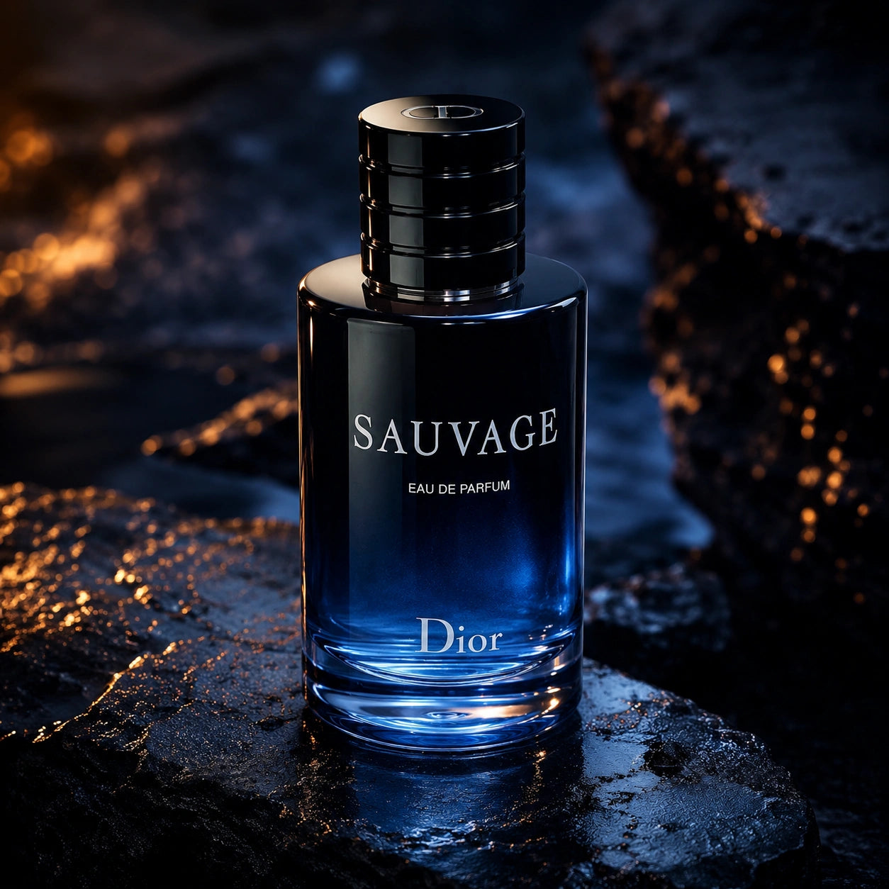 Christian Dior Sauvage Eau de Parfum bottle on wet stone luxury fragrance image at Gadgets Online NZ