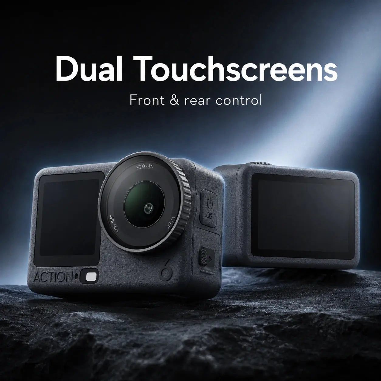 Action camera with dual touchscreens on a dark background