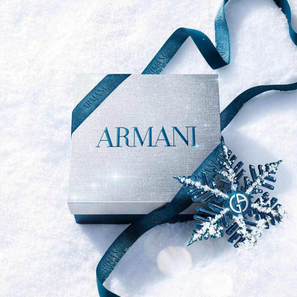 Armani silver gift box finished with a blue bow