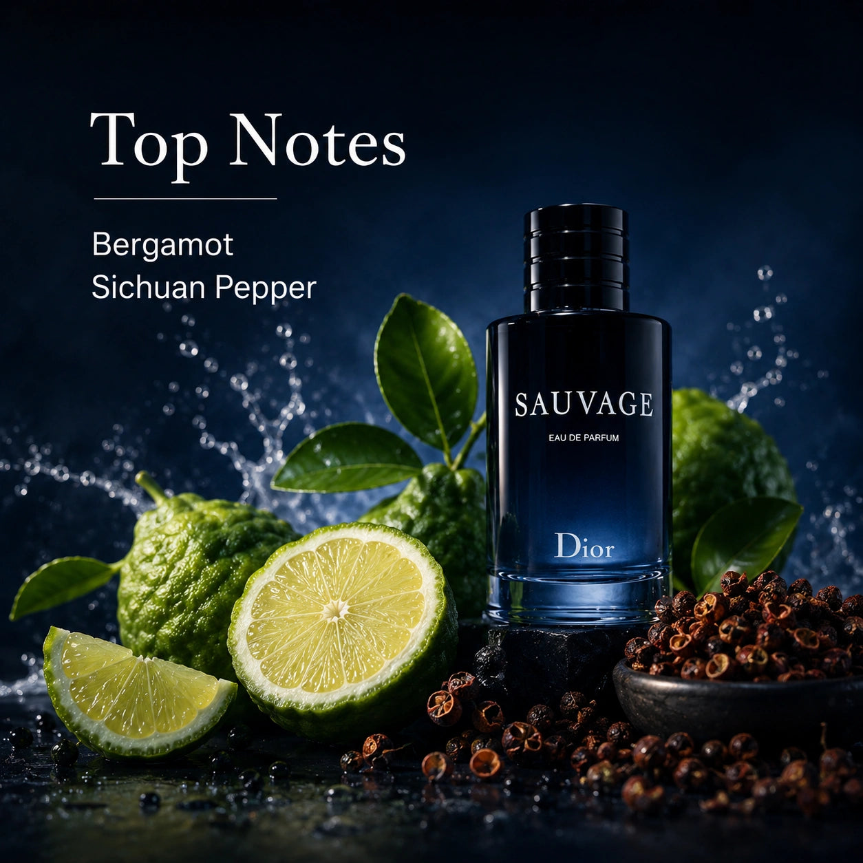 Christian Dior Sauvage top notes image with bergamot and Sichuan pepper at Gadgets Online NZ