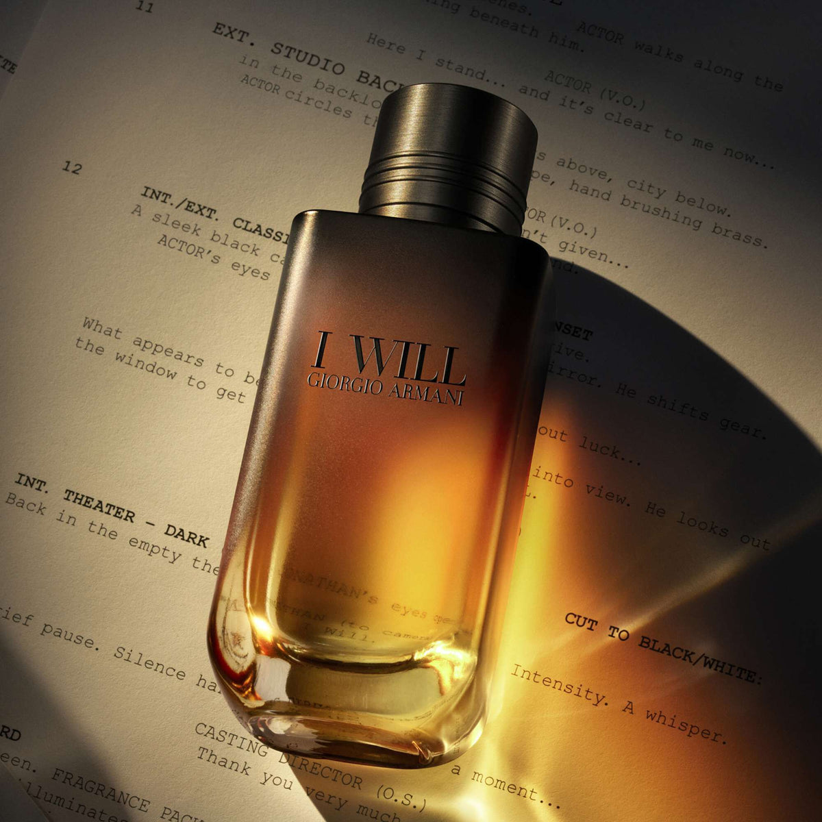 Official Giorgio Armani I WILL bottle editorial on a sunlit page