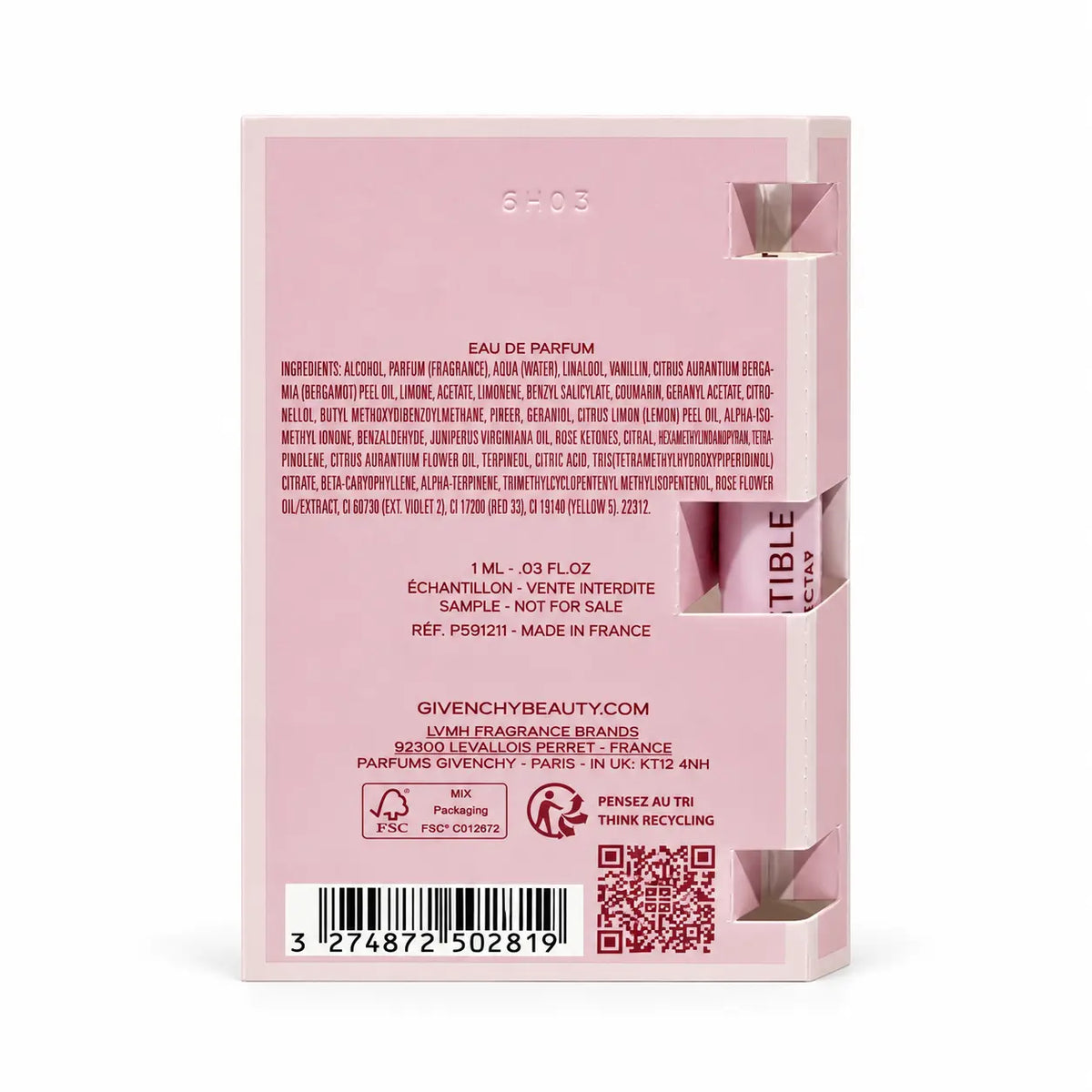 Givenchy Irresistible Nectar EDP 1ml sample card back and barcode