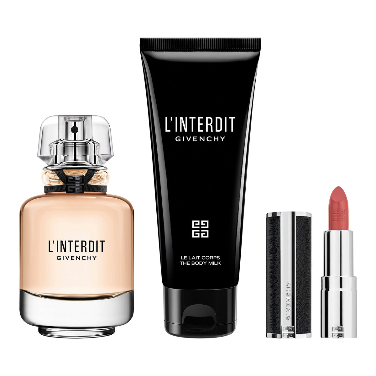 L’Interdit Eau de Parfum, body milk and Le Rouge Interdit lipstick — set contents