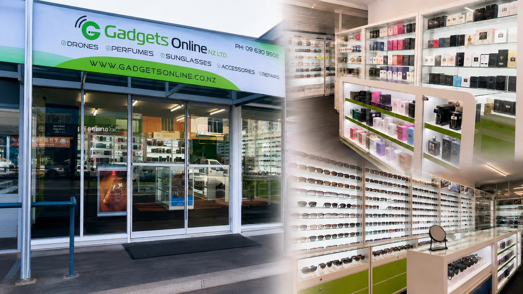 Gadgets Online Mount Eden Auckland retail storefront with fragrance and sunglasses displays