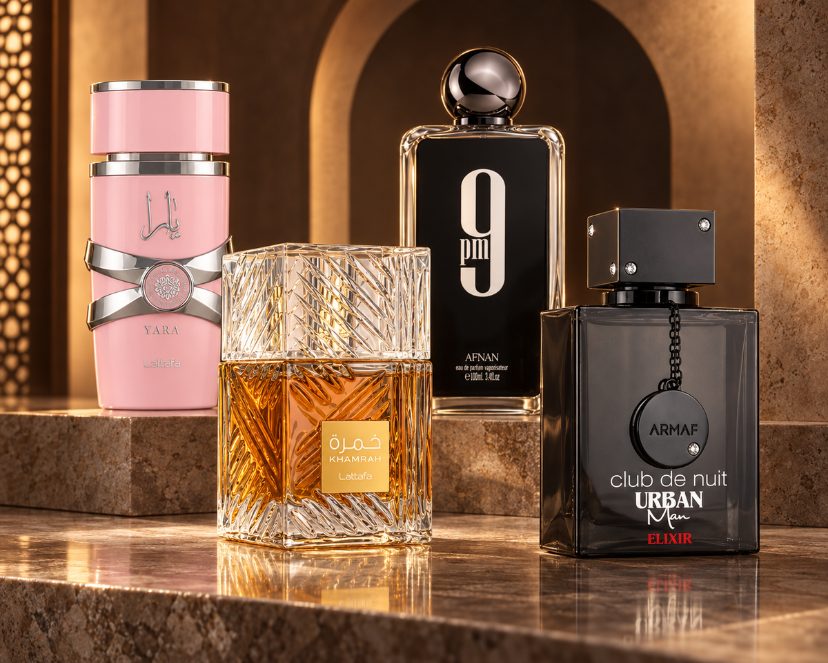 Lattafa Khamrah and Yara with Armaf Club de Nuit Urban Man Elixir and Afnan 9 PM perfume bottles