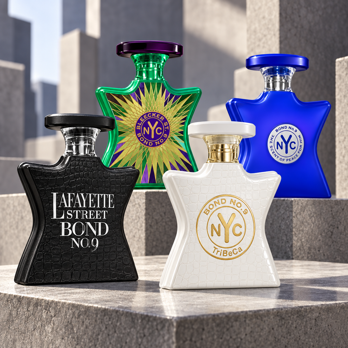 Bond No. 9 Lafayette Street, Tribeca, Bleecker Street and The Scent of Peace for Him bottles on architectural grey stone.