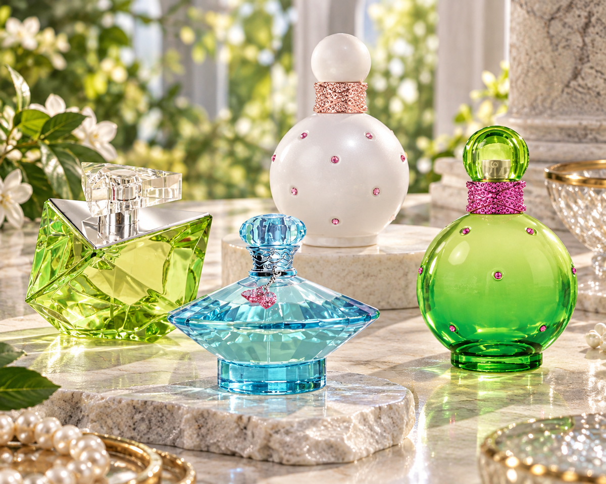 Britney Spears Believe, Curious, Fantasy Intimate and Jungle Fantasy bottles in a bright garden setting with aqua, green and pearl tones.