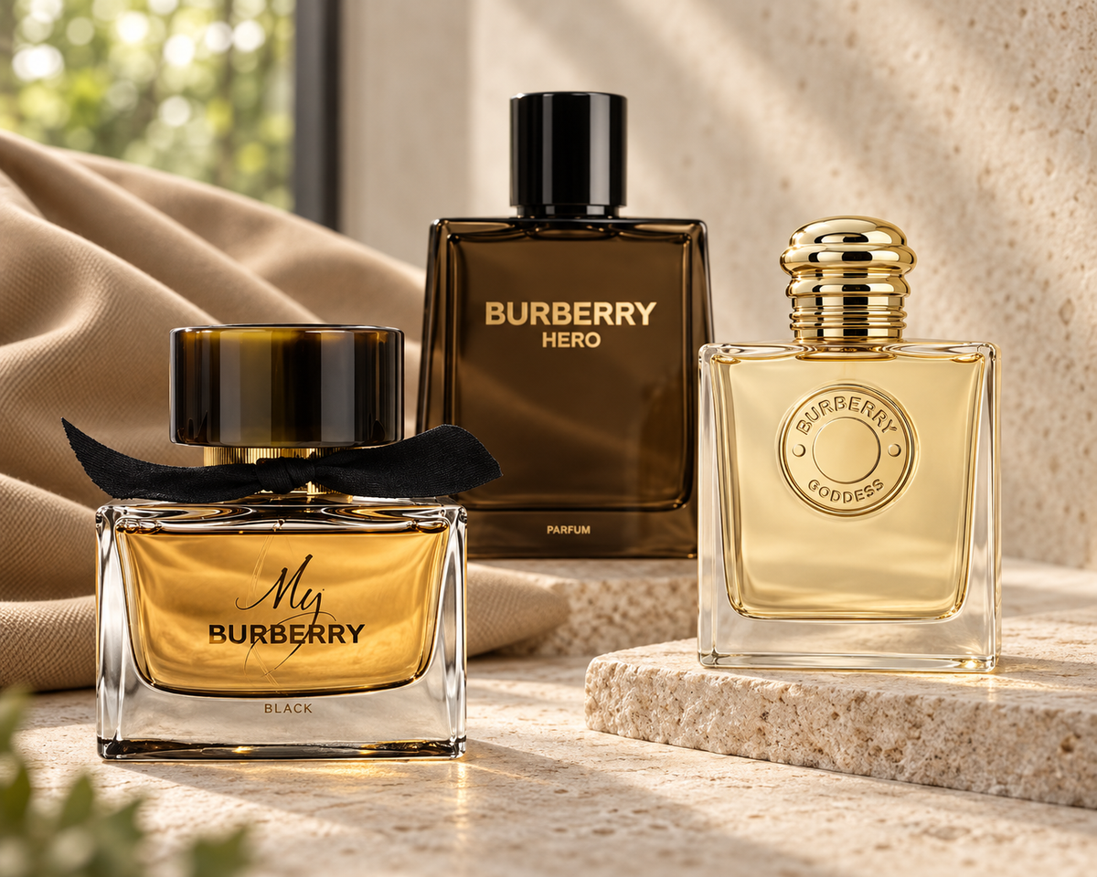 My Burberry Black, Burberry Goddess and Hero Parfum bottles with limestone and oat-coloured fabric
