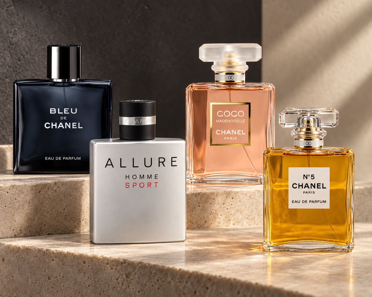 Bleu de Chanel and Allure Homme Sport with Coco Mademoiselle and Chanel N°5 perfume bottles