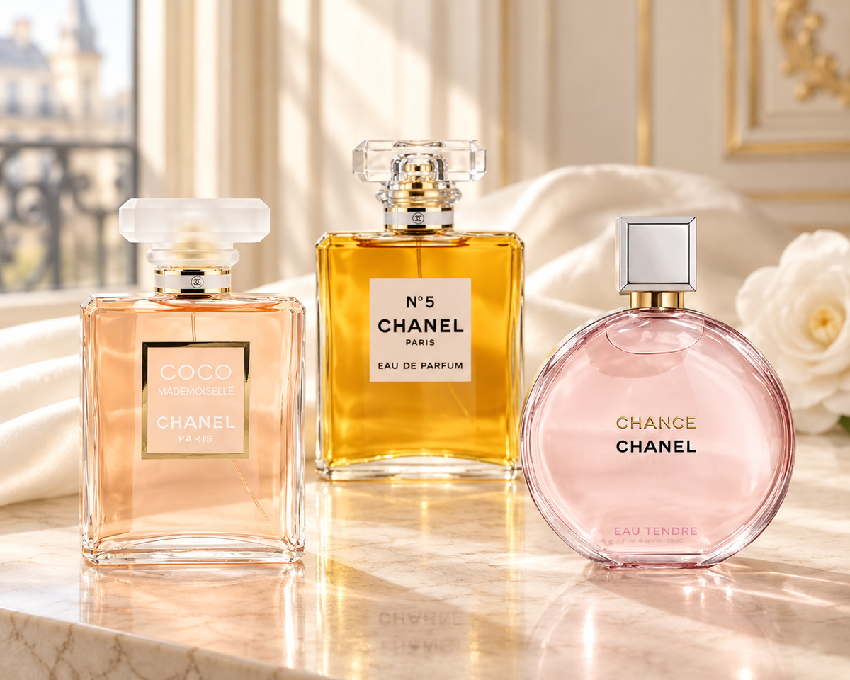 Chanel Coco Mademoiselle, N°5 and Chance Eau Tendre bottles in a luminous ivory couture salon.