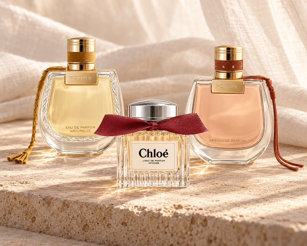 Chloé Nomade Naturelle, L’Eau de Parfum Intense and Nomade Absolu bottles on pale stone with ivory linen.