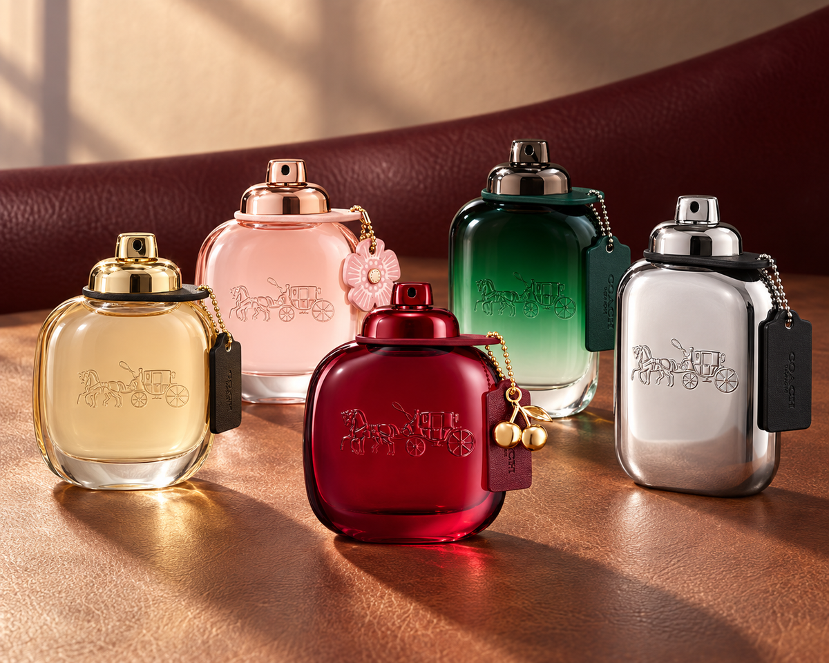 Five Coach perfume bottles—Cherry, the original Eau de Parfum, Floral, Green and Platinum—on saddle leather with an oxblood backdrop.