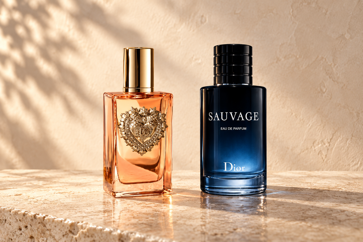 Dolce and Gabbana Devotion Intense and Dior Sauvage perfume bottles on warm limestone