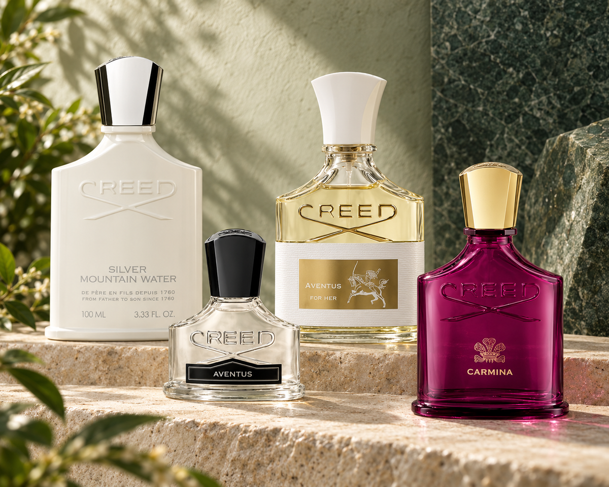 Creed Aventus 30ml, Silver Mountain Water, Aventus For Her and Carmina perfume bottles