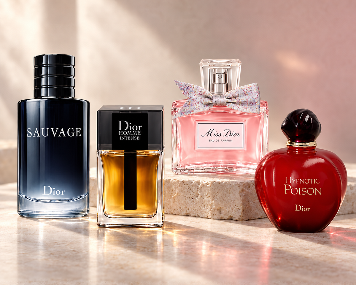 Dior Sauvage and Homme Intense with Miss Dior and Hypnotic Poison perfume bottles