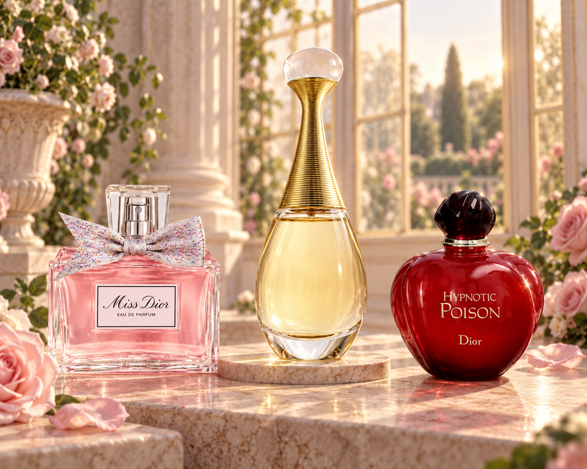 Dior Miss Dior, J’adore and Hypnotic Poison bottles in a warm rose-garden conservatory.