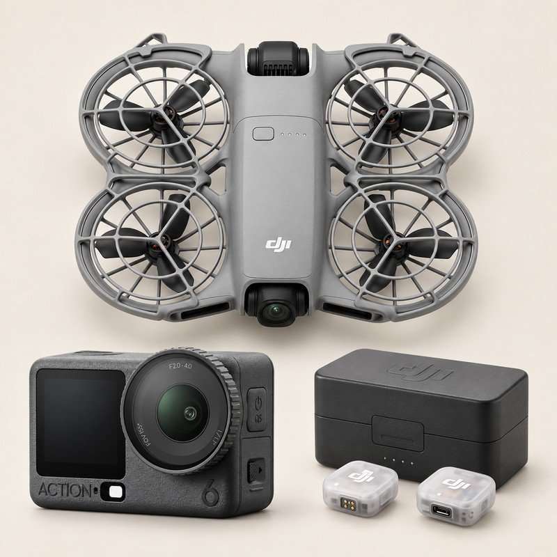 DJI Neo 2 drone, Osmo Action 6 camera and Mic Mini 2 audio equipment