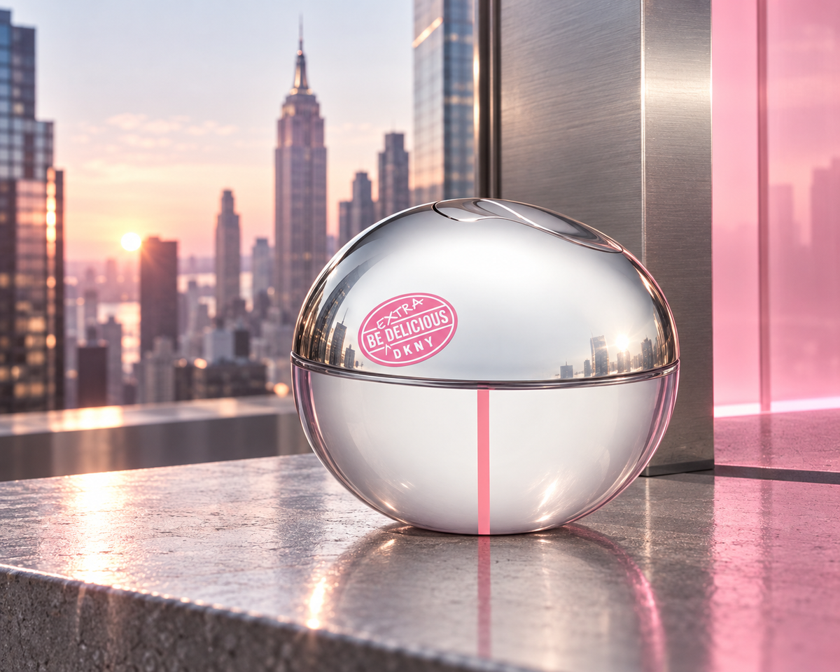 DKNY Be Delicious Extra silver apple-shaped bottle above polished stone against a softly lit Manhattan skyline.