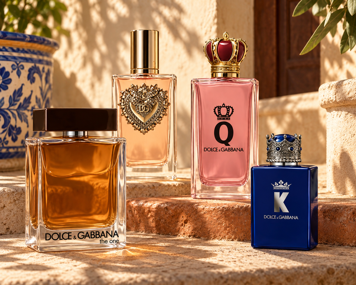 Dolce and Gabbana Devotion, The One, Q Intense and K Elixir bottles on warm Sicilian stone