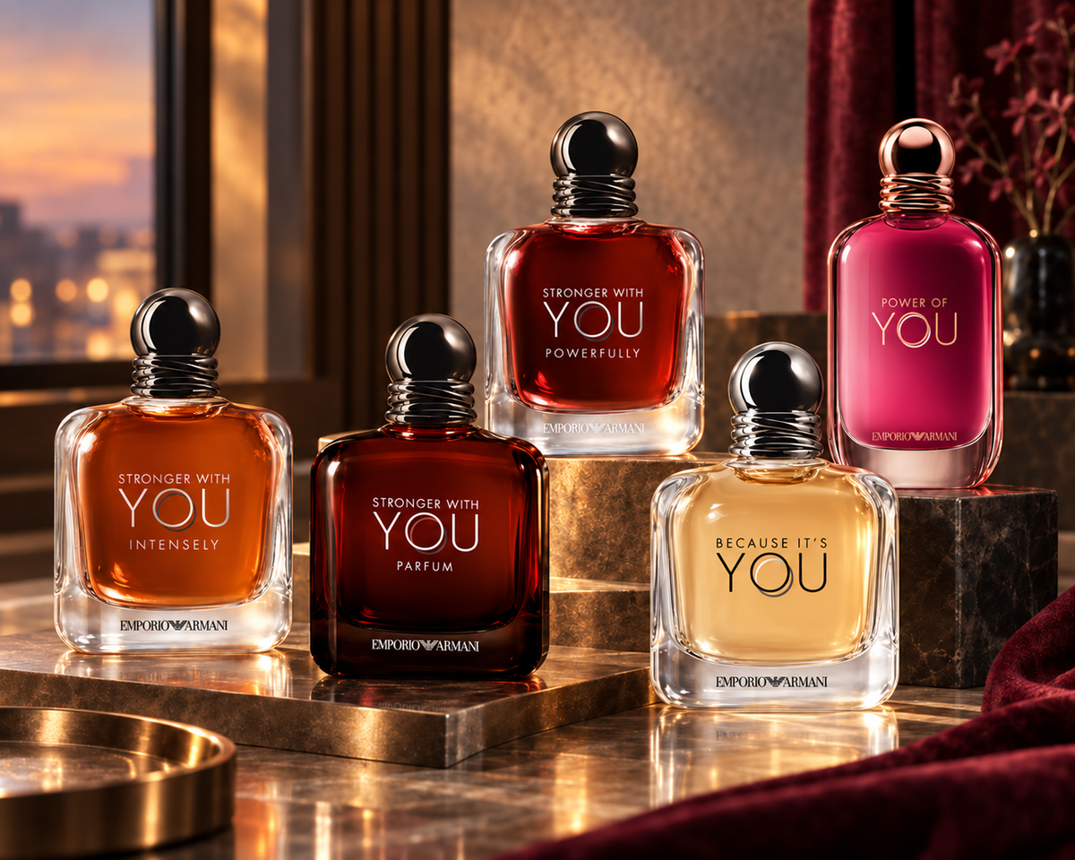 Five Emporio Armani bottles—Stronger With You Intensely, Parfum, Powerfully, Because It’s You and Power of You—in a warm Milanese evening setting.