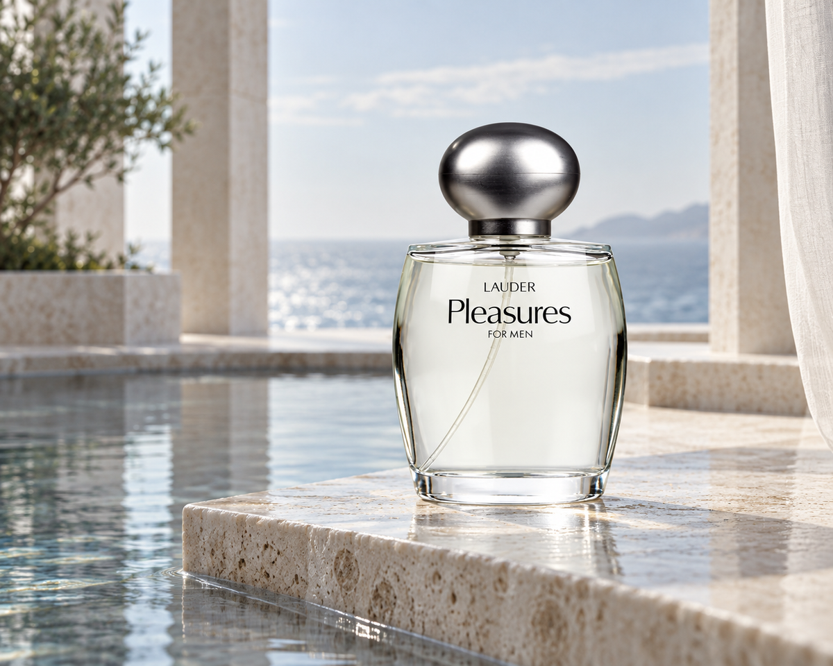 Estée Lauder Pleasures for Men clear glass bottle beside a reflecting pool in cool coastal morning light.