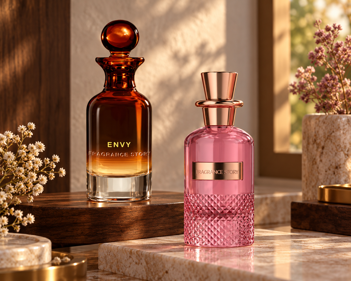 Fragrance Story Envy and The Must Exceptional bottles on dark walnut and pale stone in warm afternoon light.