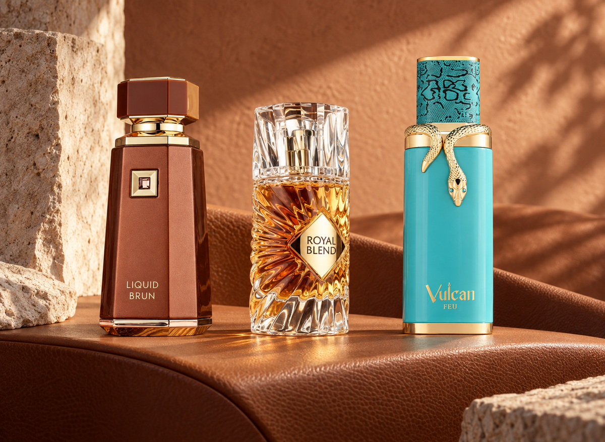 French Avenue Liquid Brun, Royal Blend and Vulcan Feu bottles with cognac leather and soft terracotta.