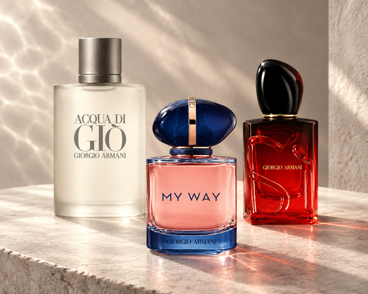 Giorgio Armani Acqua Di Giò, My Way Intense and Sì Passione Intense on pale stone