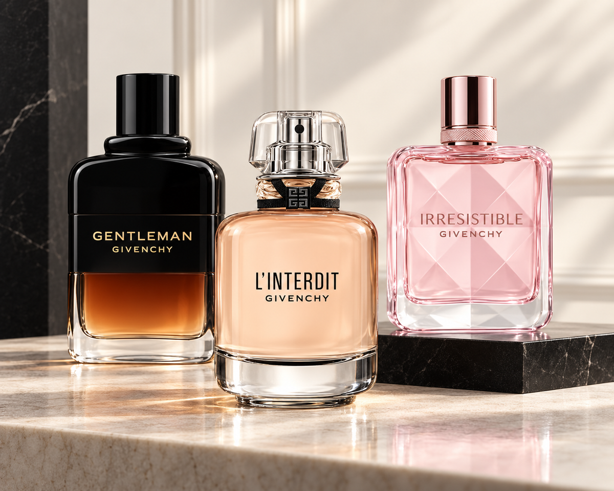 Givenchy Gentleman Reserve Privee, L’Interdit and Irresistible Very Floral bottles in an ivory and black couture setting
