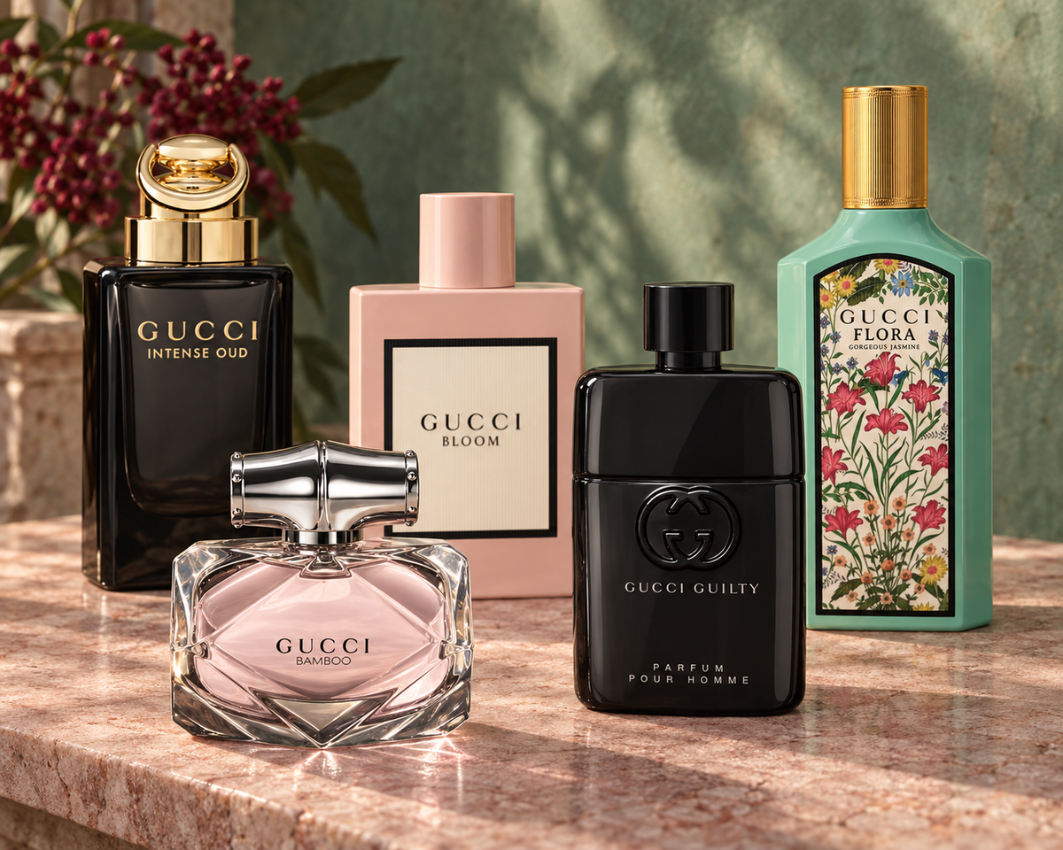 Gucci Intense Oud, Bamboo, Bloom, Guilty Pour Homme Parfum and Flora Gorgeous Jasmine in a botanical salon