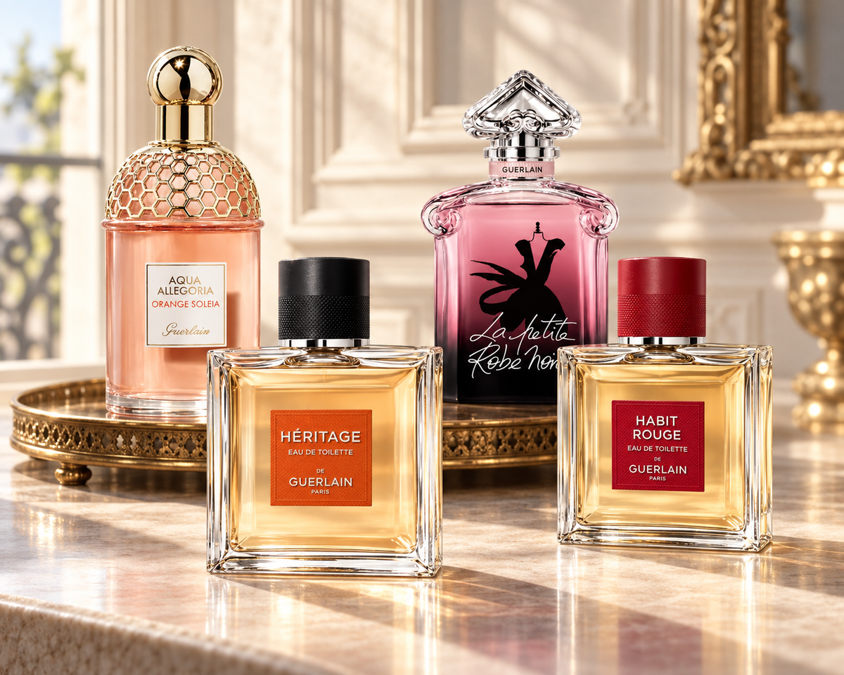 Guerlain Orange Soleia, La Petite Robe Noire Intense, Héritage and Habit Rouge bottles in a pale stone salon.
